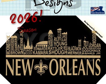 Gráfico de nombres de equipos de fútbol americano profesional con el horizonte de Nueva Orleans