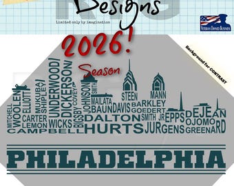 May include: A digital graphic design featuring a dark blue Philadelphia skyline silhouette composed of player names like Hurts, Smith, and Barkley. The text 2026! Season appears above the skyline, with Philadelphia printed in bold letters below.