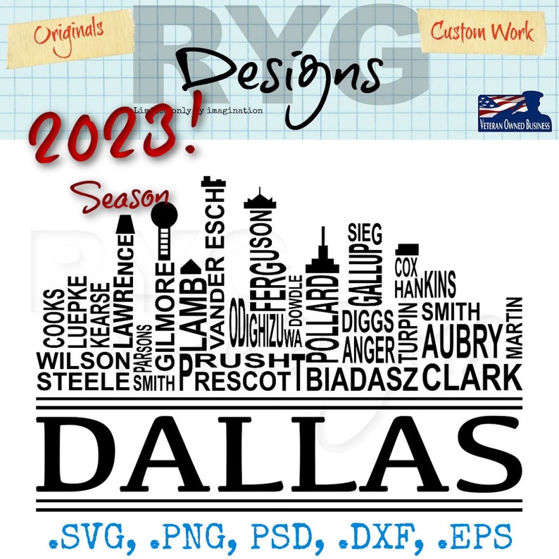 Dallas City Skyline Pro Football Team Names Graphic image 5