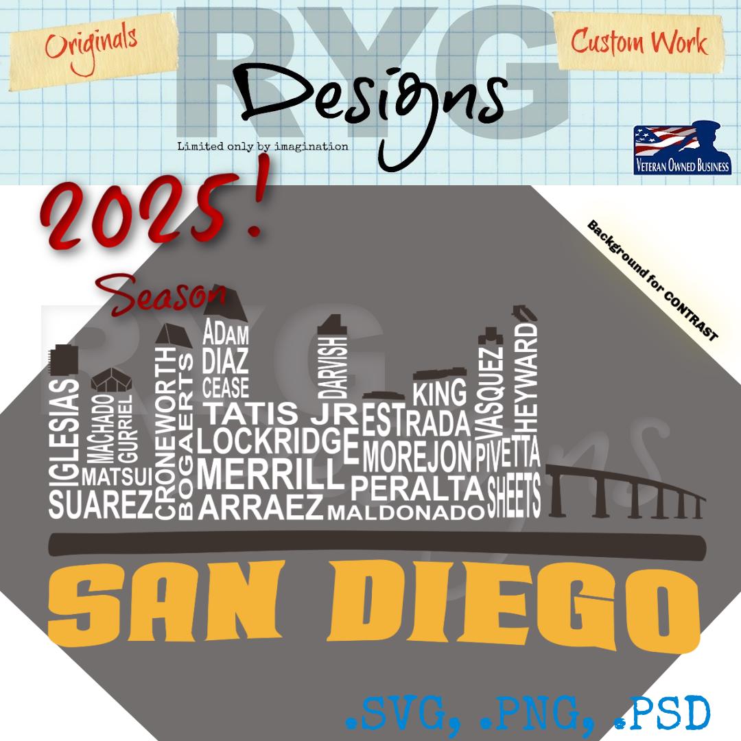 San Diego Pro Baseball Team Skyline Names Graphic