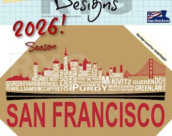 Gráfico de nombres de equipos de fútbol americano profesional con el horizonte de San Francisco