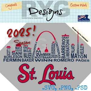May include: A red and blue graphic design featuring the text "St. Louis" with the Gateway Arch and the names of St. Louis Cardinals players for the 2025 season. The text "2025! Season" is at the top of the design. The text ".SVG, .PNG, .PSD" is at the bottom of the design.