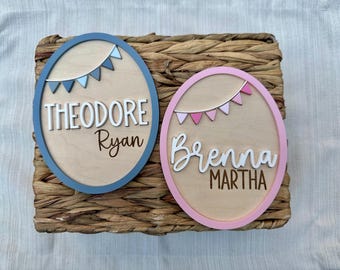 Letrero ovalado para bebé / Anuncio de nombre de bebé / Letrero con banderín / Regalo para baby shower / Letrero Fresh 48 / Anuncio de nombre de hospital / Letrero con nombre de bebé