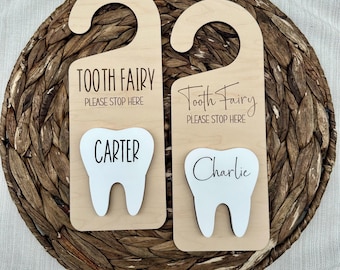 Colgador de puerta de hada de los dientes de borrado en seco / Letrero de recogida personalizado / Letrero de hada de los dientes, deténgase aquí / Regalo personalizado para niños