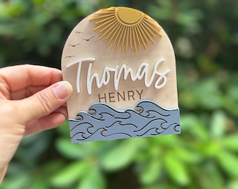 Letrero con nombre de bebé en miniatura con temática oceánica / Recuerdo para anunciar un nacimiento en la playa / Letrero personalizado con nombre en el océano / Accesorio para revelar el hospital / Letrero personalizado con nombre de bebé
