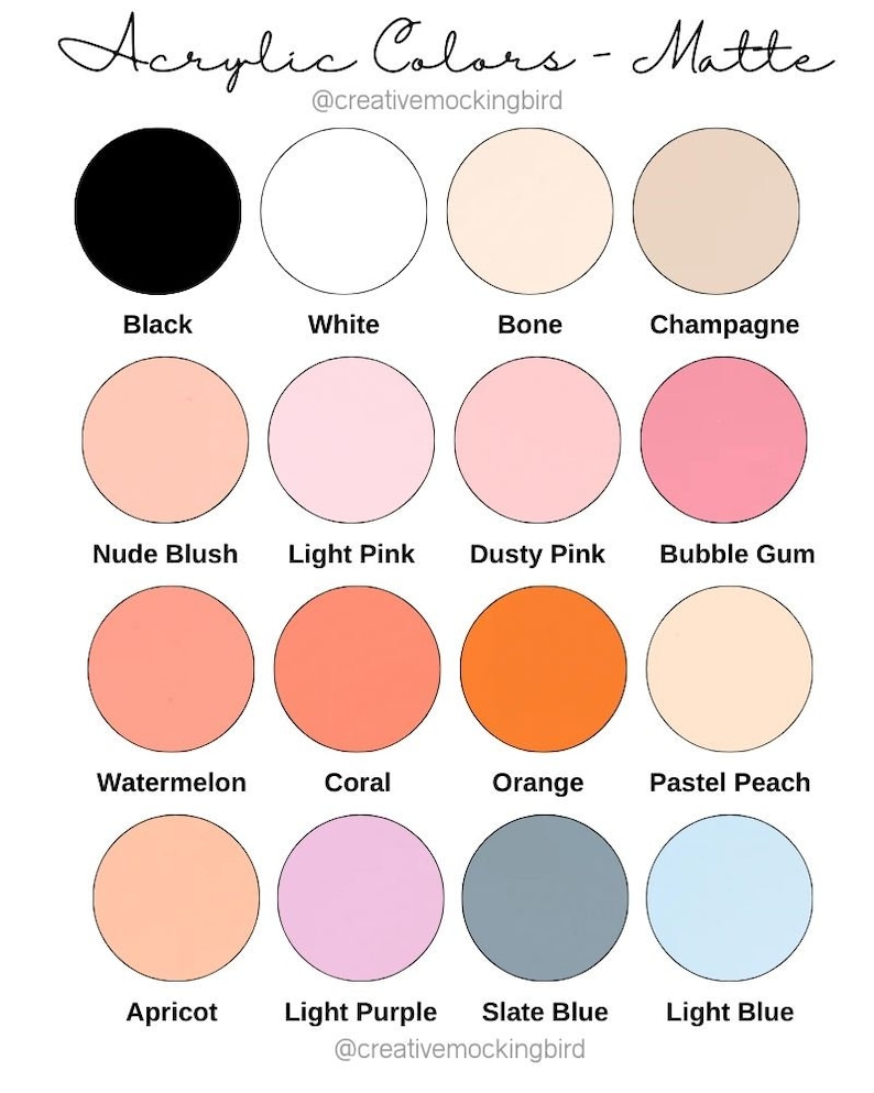 May include: A chart of 12 acrylic paint colors in matte finish. The colors are: black, white, bone, champagne, nude blush, light pink, dusty pink, bubble gum, watermelon, coral, orange, pastel peach, apricot, light purple, slate blue, and light blue.