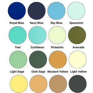 May include: A chart of 16 acrylic paint colors in matte finish. The colors are arranged in four rows of four. The colors are: Royal Blue, Navy Blue, Sky Blue, Spearmint, Teal, Caribbean, Pistachio, Avocado, Light Sage, Dark Sage, Mustard Yellow, Light Yellow, Yellow, Golden Tan, Beige, and Charcoal.