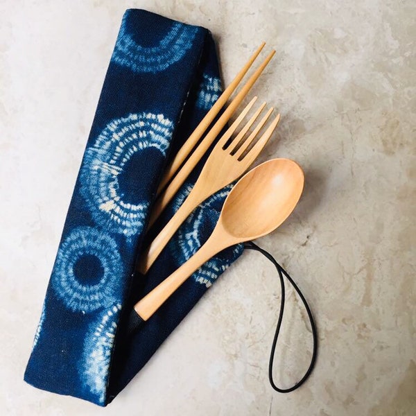 Eco, Reusable Wooden Cutlery Set, Fabric Cutlery Holder – Shibori
