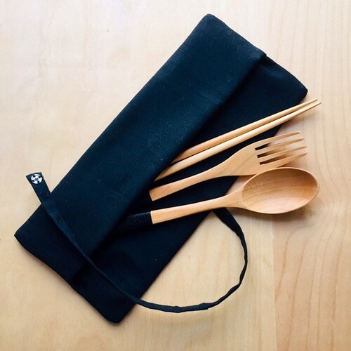 Eco Reusable Wooden Cutlery Set Fabric Cutlery Holder Etsy