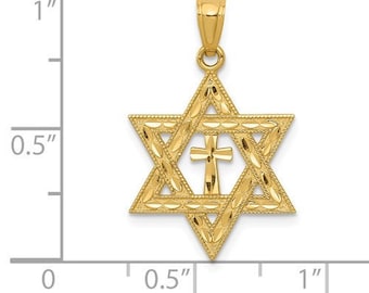 May include: A gold-tone pendant featuring a Star of David with a cross inside. The pendant is approximately 0.5 inches in diameter.