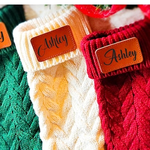 Personalized Knit Christmas Stockings with Leather Patch or Name Tag