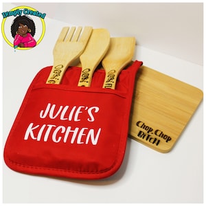 Custom Personalized Wooden Spoon, Fork, Spatula, and Cutting Board Set
