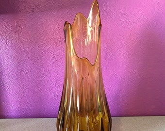 LE Smith Simplicity Ribbed Swung Vase 17” Tall Amber Glass MCM Fat Bottom