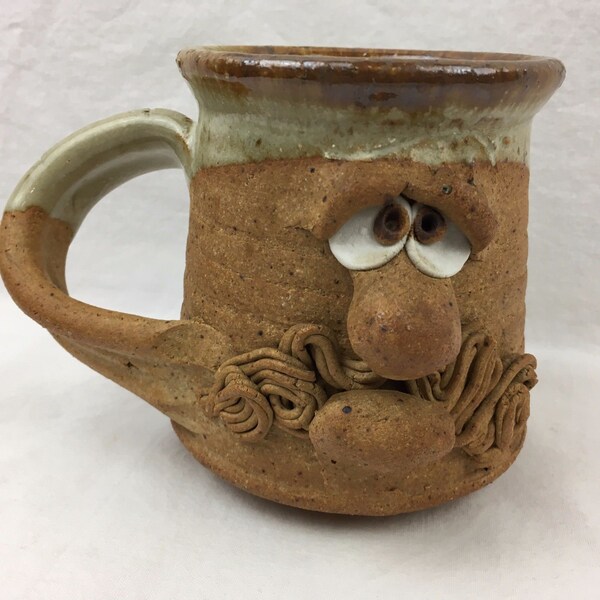 Vintage Golden Age Pottery Face Mug 3D Man Mustache Handmade Stoneware