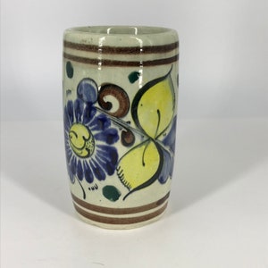 Tonala Mexican Pottery Cup Vase Hand Painted Flower Signed Blue Brown 5&quot; - A2