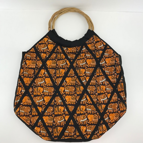 Thai Elephant Print Fabric Tote Bag w/ Wooden Hand