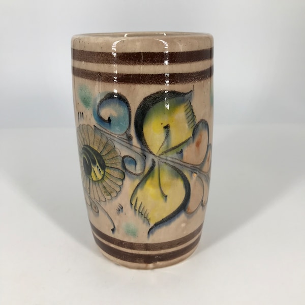 Tonala Mexican Pottery Cup Vase Hand Painted Flower Signed Blue Brown