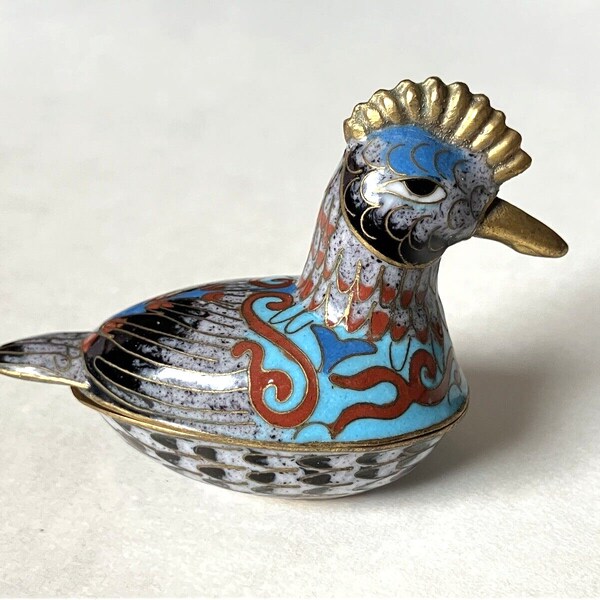 Vintage Chinese Cloisonne Mini Trinket Box Brass Enamel Duck Bird