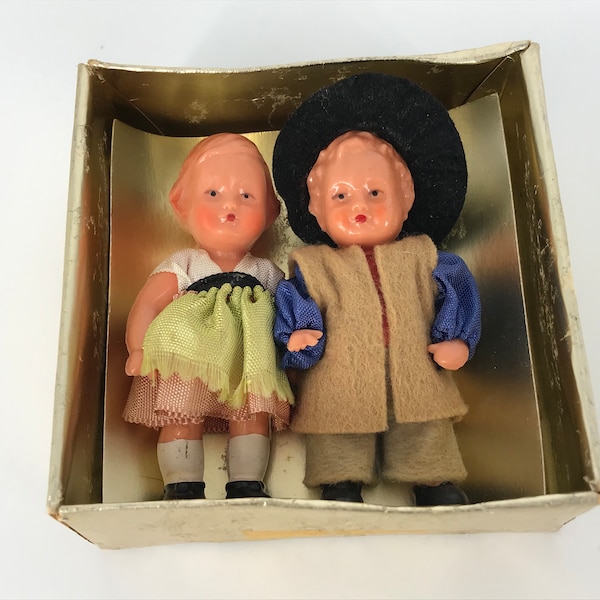 West Germany Celluloid Boy and Girl Dolls Pocket Dollhouse Vintage 3"