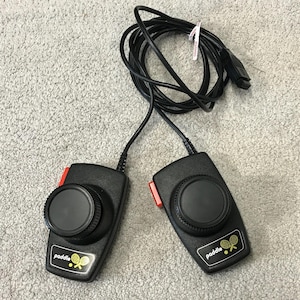 May include: Two black paddle controllers with a large dial and a red button. Each controller has a black cable and a label with the word "paddle" and a tennis racket graphic. The controllers are for a video game console.