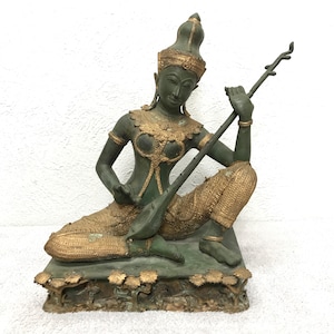 Saraswati Statue 14&quot; Thai Hindu Goddess Gilded Verdigris Metal Temple Art HEAVY