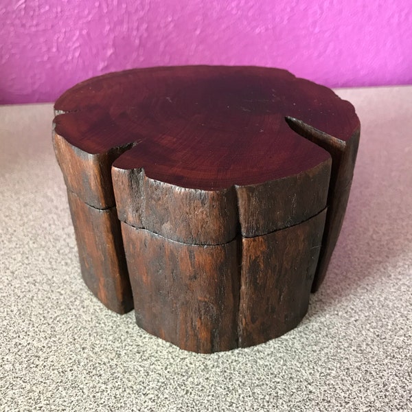 Vintage Solid Wood Trinket Jewelry Box Swivel Top Rustic Stump Made in Thailand