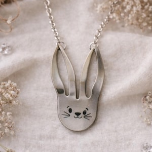 Upcycled Silver Plated Fork Bunny Necklace – Whimsical Woodland Jewelry Pendant
