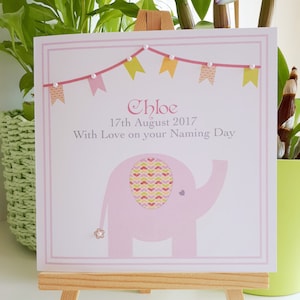Personalisierte Namenskarte für ein Mädchen, Rosa Elefant Namenstagskarte, handgemachte Namenskarte