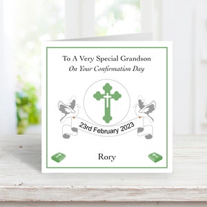 Cartão de confirmação de dia personalizado para menino, cartão de confirmação de lembrança feito à mão em verde irlandês - filho, neto, afilhado, sobrinho, amigo, irmão