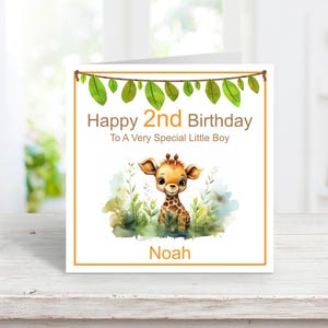 Cartão de aniversário personalizado para menino com girafa fofa - 1º, 2º, 3º, 4º e 5º cartão para filho, neto, afilhado, sobrinho - Cartão de aniversário para idade de animal de safári