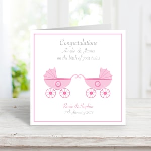 Gepersonaliseerde nieuwe babymeisje tweelingkaart, nieuwe aankomst van meisje tweelingkaart, nieuwe geboorte gefeliciteerd kaarten