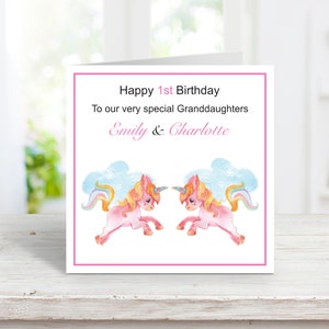 Biglietto di auguri di compleanno personalizzato con unicorno per bambine gemelle, biglietto di auguri per il 1° compleanno per nipoti bambine gemelle, biglietto di auguri per il 2° compleanno per figlie gemelle