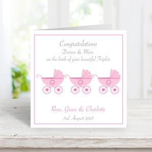 Gepersonaliseerde kaart nieuwe babymeisje drieling - wenskaart meerlinge geboorte - felicitatiekaarten meisje drieling