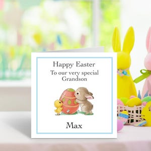 Carte de Pâques personnalisée pour fils - 1ère carte de Pâques pour garçon - carte lapin et poussin faite main pour garçon - petit-fils filleul neveu cousin frère