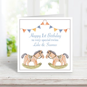 Carte d'anniversaire personnalisée pour garçons, chevaux à bascule, 1er anniversaire fait main pour petits-fils jumeaux, 2e carte d'anniversaire pour neveux jumeaux