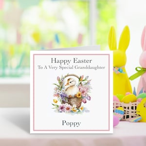 Cartão de Páscoa personalizado para uma menina - Filha, neta, afilhada, bisneta - Cartão de lembrança de 1ª Páscoa com pato fofo e cesta