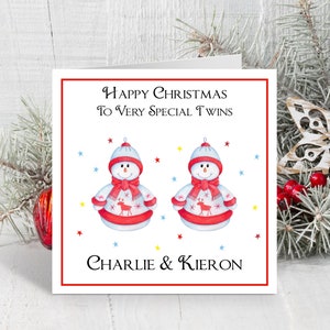 Cartolina di Natale personalizzata per gemelli - 1a cartolina di Natale fatta a mano per nipoti gemelli, carta di Natale pupazzo di neve per figlia e figlio gemelli