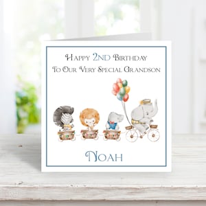 Carte d'anniversaire personnalisée pour garçon Safari Animal Train - Carte d'anniversaire d'âge faite à la main - 1er 2e 3e 4e 5e anniversaire - Petit-fils neveu ami