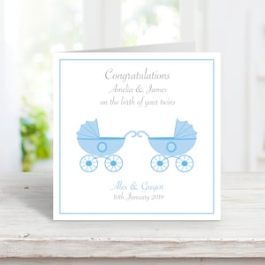 Gepersonaliseerde nieuwe babyjongen tweelingkaart, nieuwe aankomst van babyjongen tweeling, baby felicitatiekaarten