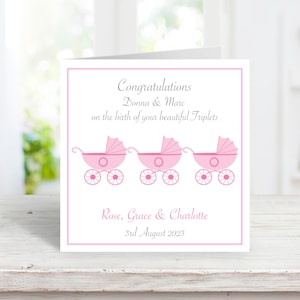 Gepersonaliseerde nieuwe baby meisje drieling kaart - geboorte van drieling kaart - gefeliciteerd kaart voor nieuwe ouders - nieuwe grootouders tot drieling