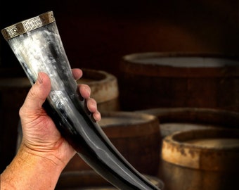 Viking drinking horn with Celtic knot brass lip and decorative brass tip (18-20 inches long)