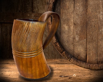 Viking Drinking Horn Mug - burnt and carved rust brown - 16 oz