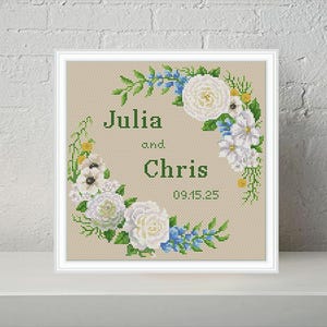 White flowers wedding modern cross stitch pattern PDF Personalized Chart  Printable PDF Wedding Gift  - Instant download.