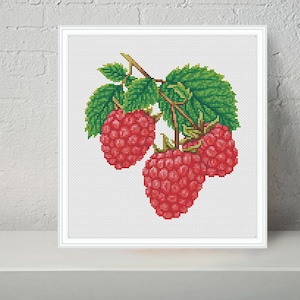 May include: A cross-stitch pattern featuring a branch of red raspberries with green leaves.