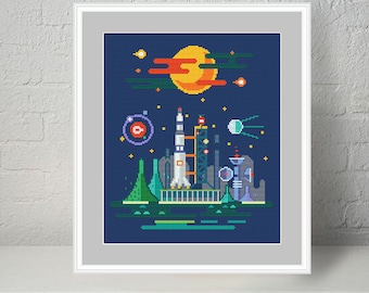 Spaceport  modern cross stitch pattern PDF Instant download Cross Stitch Chart Embroidery Chart Printable PDF