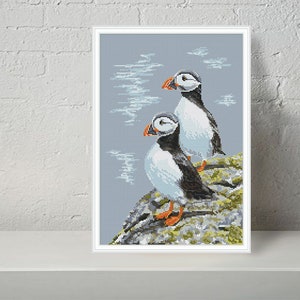 Puffins Birds modern cross stitch pattern PDF Seaside Sea Birds  Chart  Printable PDF - Instant download.