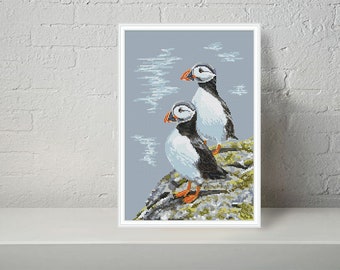 Puffins Cross Stitch Pattern: Seaside Birds Chart (PDF Download)