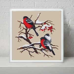 Bullfinches  Bird modern cross stitch pattern PDF Winter bird Chart  Printable PDF - Instant download.