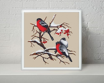 Bullfinches  Bird modern cross stitch pattern PDF Winter bird Chart  Printable PDF - Instant download.