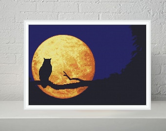 Patrón de punto de cruz de Búho Místico: Pájaro y Luna, Horizonte Nocturno (Patrón PDF)